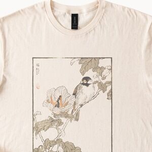 East Asian Bird Botanical Graphic Tee Natural Woodblock Print Style